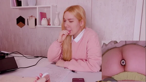 Helping my stepsister with homework but she's too distracted with vibro plug in her ass!
