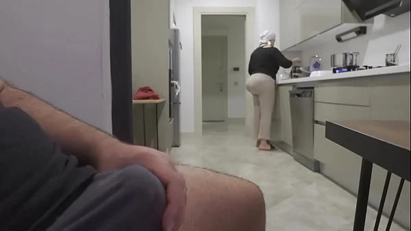 Risky jerk off while watching big ass stepmom in the kitchen.