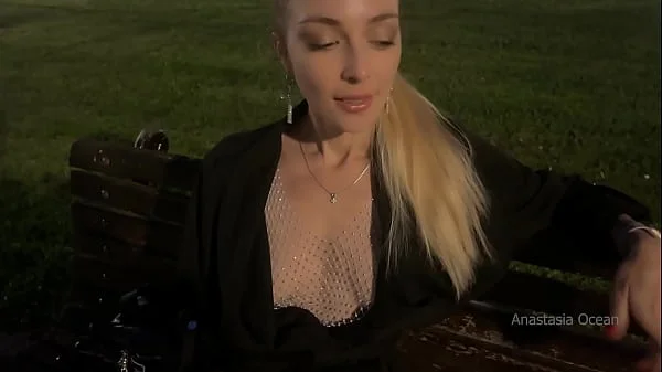 Street pick up of shameless slut. Stranger knead her boobs right in public park.