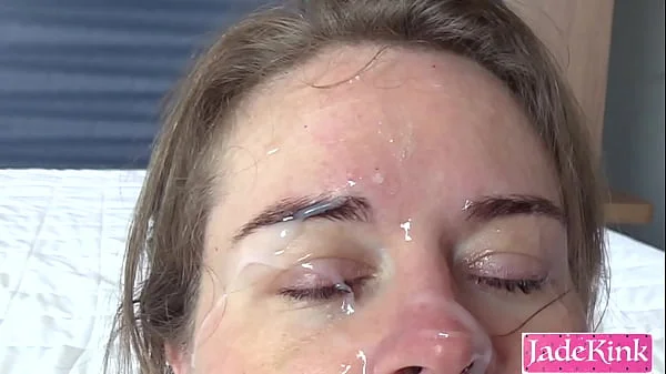 Pretty blue eyes get cummed on after anal