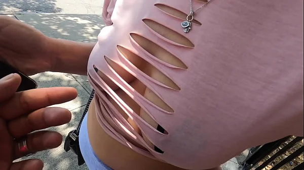 Wife with pasties cut up shirt and no bra in public