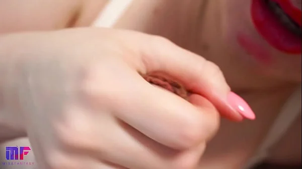 This babe gives the best blowjob with red lips, close-up