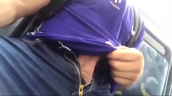 Muscle guy with big dick on bus